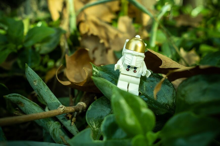 Lego-figuur die de tuin verkent