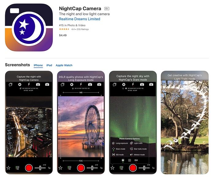 NightCap Camera app screenshots