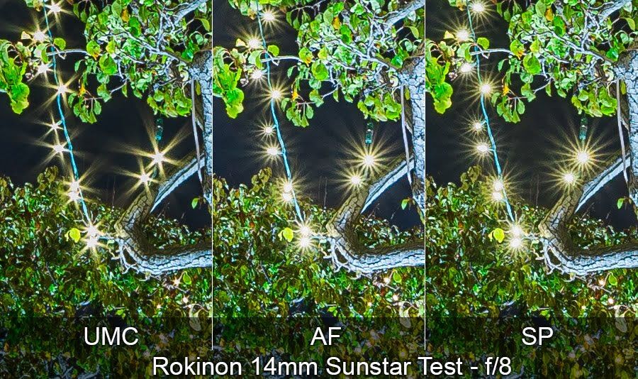 Rokinon 14mm ultrawide lens sunstar starburst vergelijkingsmonster