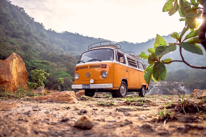 VW-busje in jungle-omgeving