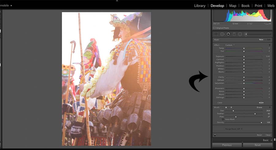screenshot van het uitbreiden van de ontwikkelmodule tijdens het bewerken van een afbeelding door Lightroom