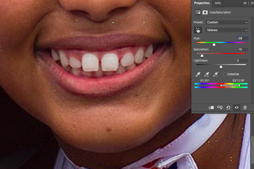 Witte tanden photoshop met behulp van tintverzadiging aanpassingslaag.