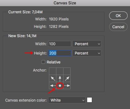 In het dialoogvenster Photoshop Canvas size kunt u breedte en hoogte definiëren. Klik op OK.