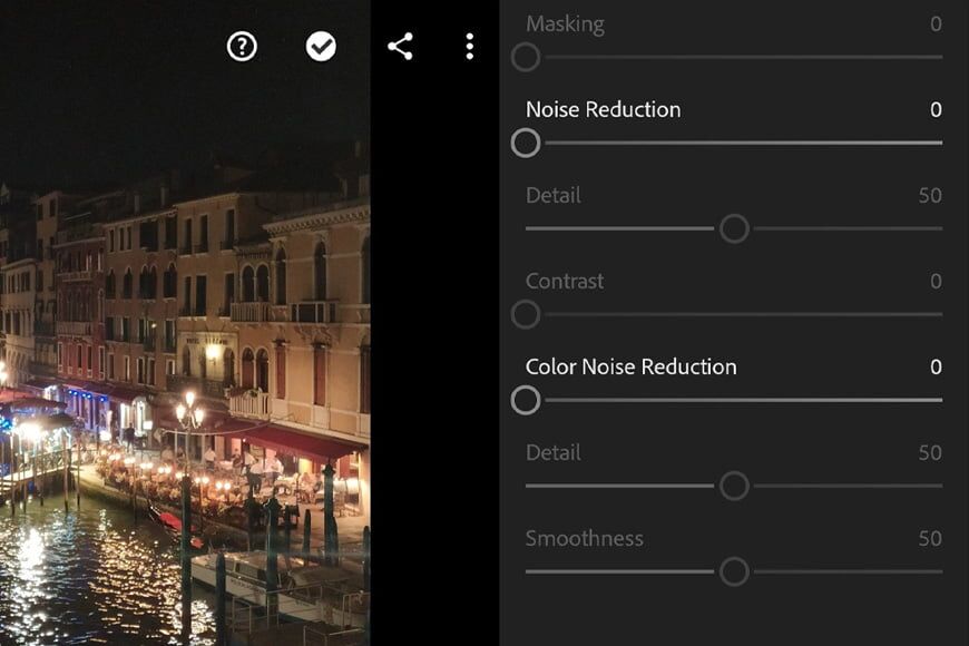 Ruisonderdrukking in Lightroom mobile kan ook helpen bij het verminderen van ruis in uw afbeelding. Gebruik de schuifregelaar voor luminantieruis of kleurruisonderdrukking en controleer de details op uw afbeelding om de resultaten te zien.