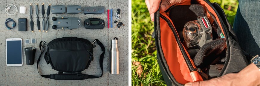 De Instinct X-Pac Pro Camera Sling Bag past gemakkelijk in de volledige DJI Mavic Pro-kit plus nog veel meer items en accessoires.