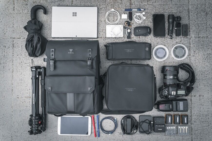 De Vinta Type-II rugzak in combinatie met het Camera Field Pack en Compact Field Pack passen op een Canon 5D MKIII en een heleboel andere items.