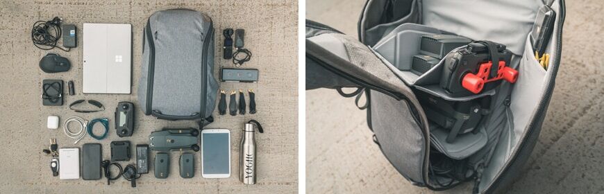 De 15L Everyday Backpack Zip past op een DJI Mavic met het FlyMore-pakket en tal van andere accessoires.