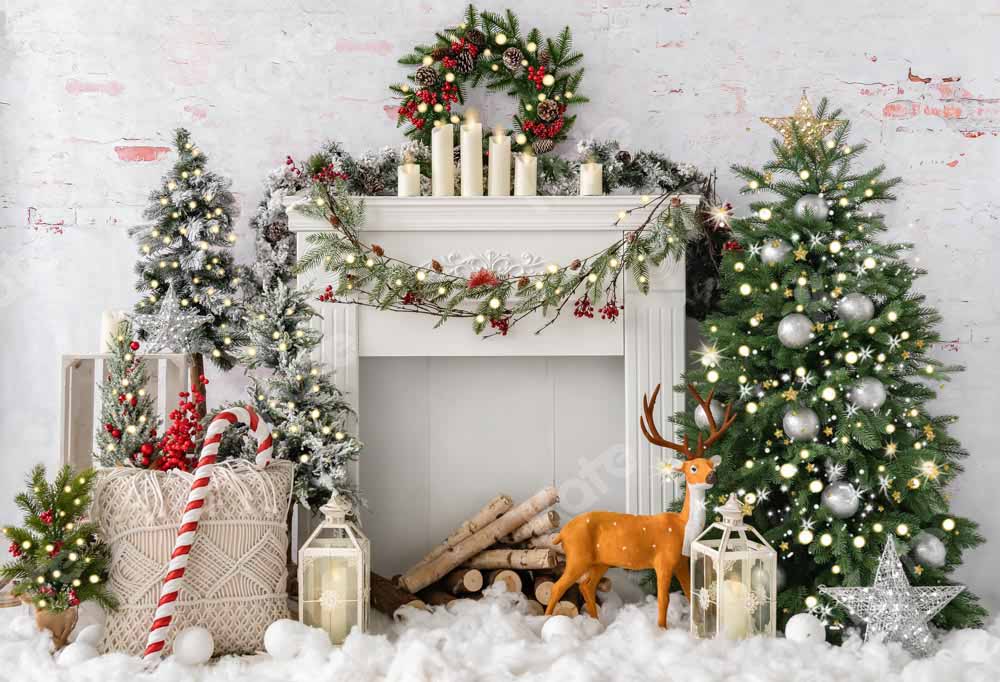 Kate Christmas Tree Elk Brick Fireplace Backdrop