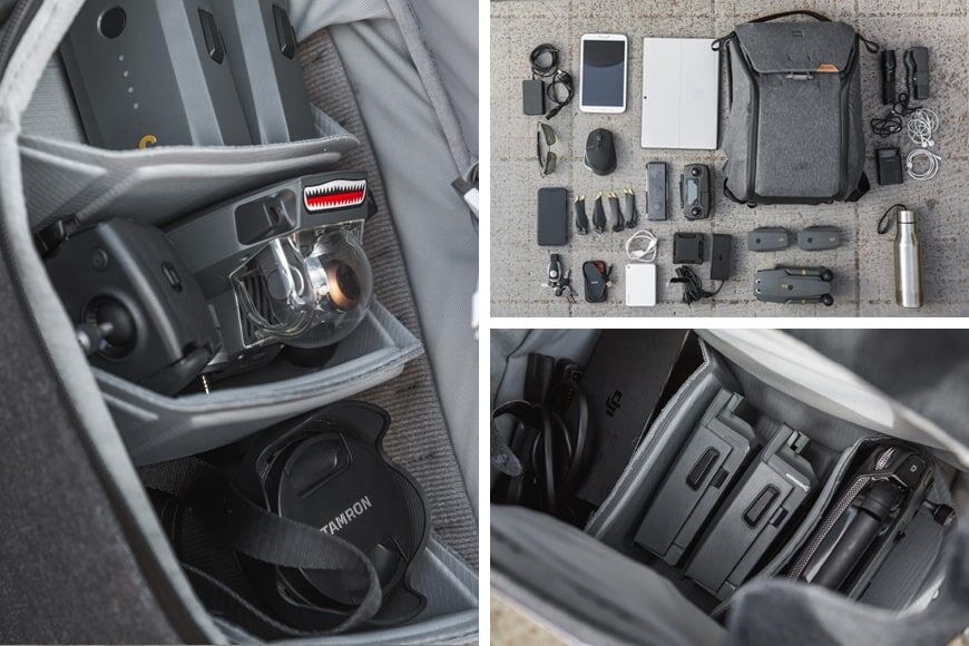 De 20L Everyday Backpack V2 is een geweldige draagoplossing voor een DJI Mavic Pro met ruimte om ook een Sony A7 III te passen.